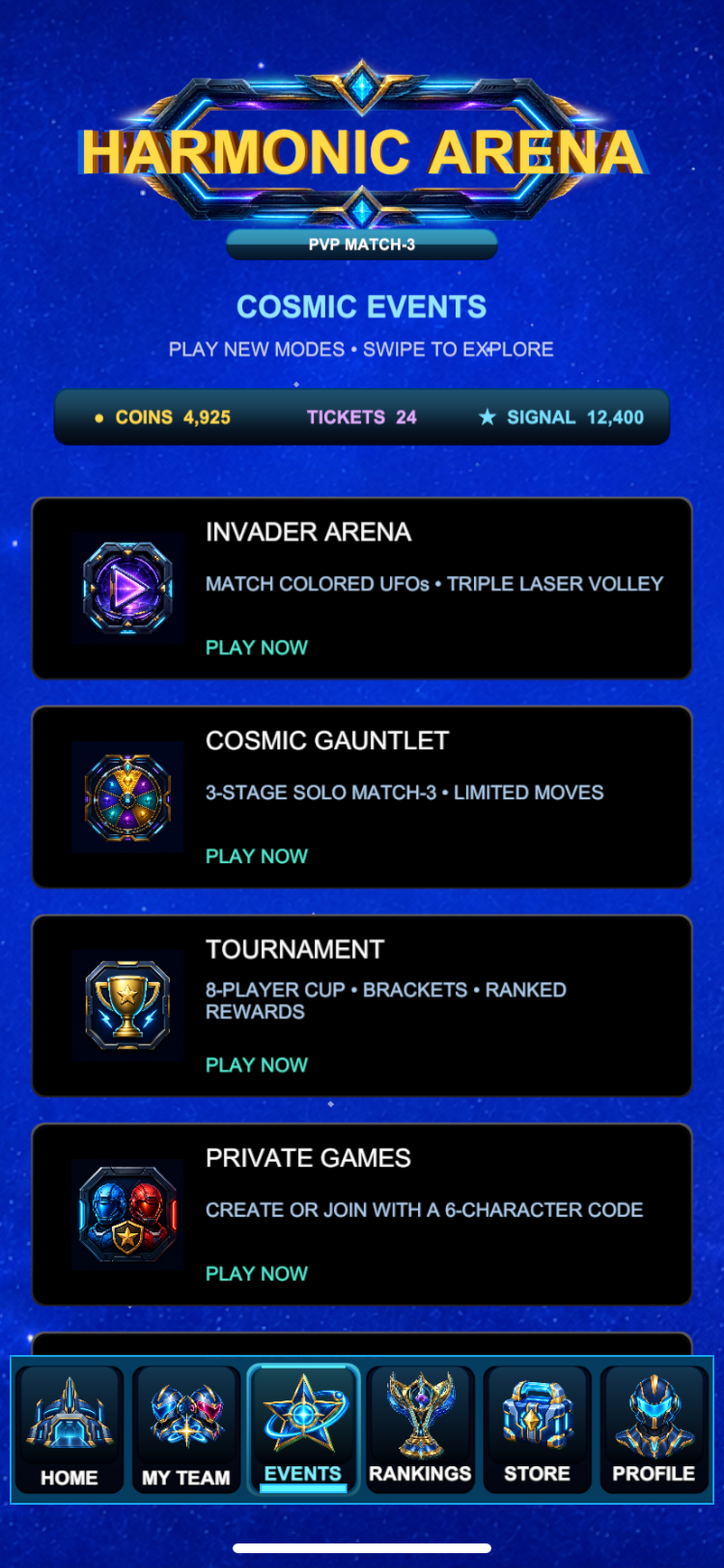 Harmonic Arena Events screen showing Cosmic Gauntlet